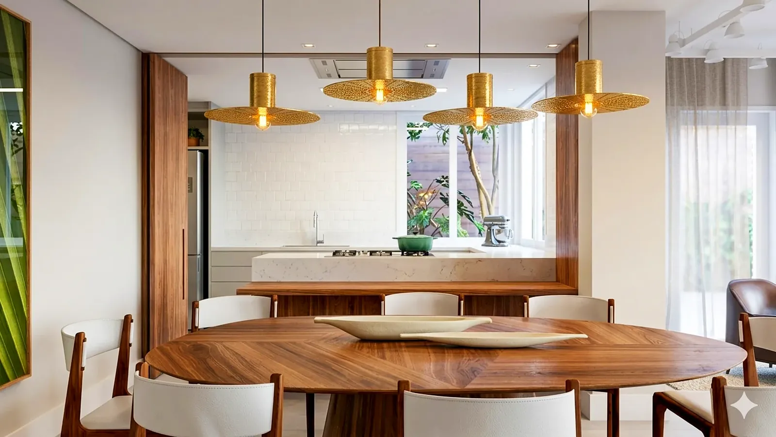 Sala de jantar com marcenaria e iluminação pendente